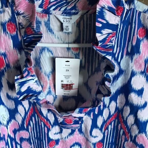 Crown & Ivy Blouse top blue pink Linen blend sleeveless plus SZ 2X New w/tags - Picture 7 of 7